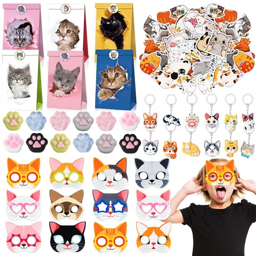 Beneony 98Stk. Katze Party Mitgebsel Kindergeburtstag Gastgeschenke Geschenktüten Katzen Maske Squishy Schlüsselanhänger Aufkleber Geburtstag Party Mitgebsel Klein Geschenke Kinder Mädchen von Beneony