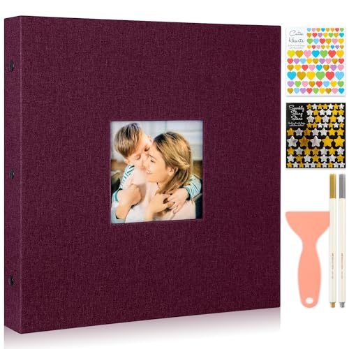 Benjia Fotoalbum Selbstklebend Einkleben, XXL Groß Leinen Weiße Seiten Fotoalbum Selbstgestalten mit Aufkleber & Metallischer Stift für 9x13 10x15 13x18 a4 a5 a6 (Groß 20 Blatt / 40 Seiten, Lila) von Benjia