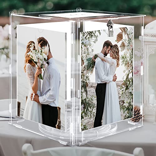 Benjia Hochzeit Kartenbox aus Acryl Hochzeitsbox mit Bilderrahmen für 15x20cm Bilder, Groß Kartenbox Geld Geschenkkarten Box Briefbox mit Schloss Schlitz Rezeption Hochzeit Geburtstag Jubiläum von Benjia