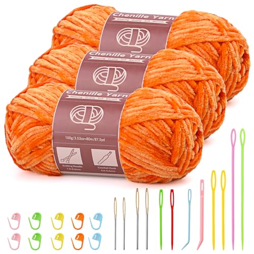 3 x 100 g (3 x 80 m) Chenille Garn, Samt Garn zum Stricken und Häkeln mit Nadeln mit großem Öhr, weiches Chenille-Garn für Kleidung, Decken, Taschen, Pullover, DIY-Strickprojekte (Orange) von Benlay