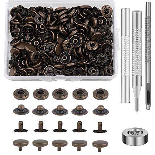 Benlay 50 Sets Druckknopf-Kits, Leder-Druckknöpfe, 10 mm Metallknöpfe, Druckknopf-Kit mit 4 Druckknopf-Installationswerkzeugen zum Nähen von Kleidung, Armbändern, Jacken, Taschen, Heimwerken (Braun) von Benlay