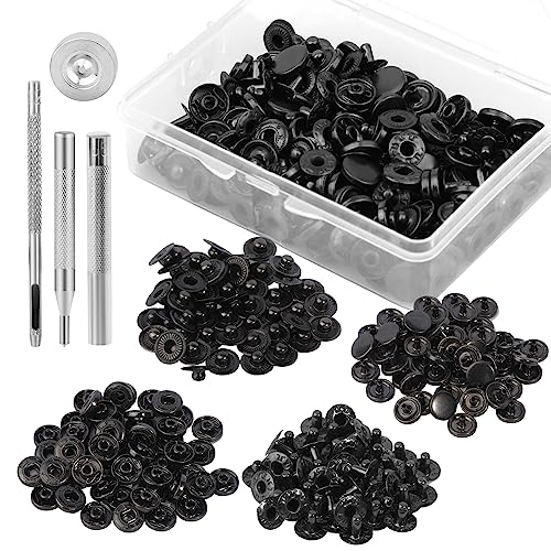 50 Sets von Druckknöpfen, Set mit Druckknöpfen aus Leder, 10 mm, Set mit Druckknöpfen aus schwarzem Metall mit 4 Installationswerkzeugen mit Schnappverschluss zum Nähen von Kleidung von Benlay