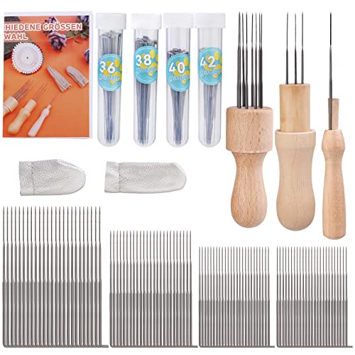 Benlay 103-teiliges Nadel-Filzwerkzeug-Set mit 100 PCS-Nadeln zum Filzen und 3 Modellen von Holzgriffen, Wollfilzwerkzeug mit Filznadeln in 4 Größen, Nadelfilz-Set für DIY-Filzprojekte für Anfänger von Benlay