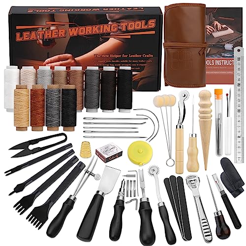 Benlay Leder Arbeitsgeräte, Praktisches Leder Werkzeug Kit mit Beveler Groover Stitching Punch Faden Nadeln Leder Handwerk Werkzeuge Leder Nähen Set mit Rolltasche und Handbuch von Benlay