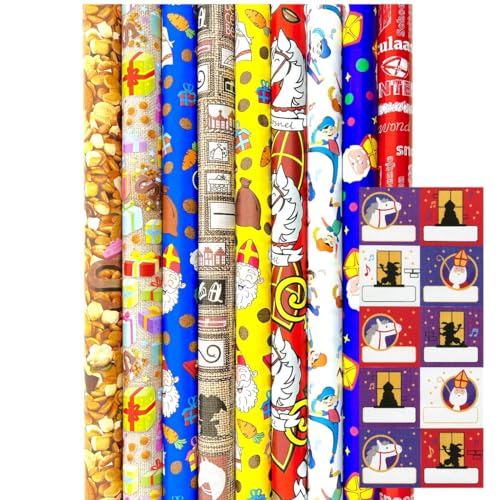 Sinterklaas Geschenkpapier - Sortiment Nikolaus Papier Geschenkpapier Inc. 20 Namensaufkleber - 300 x 70 cm - 3 Rollen von Benza