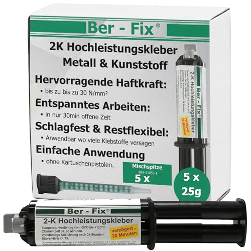 Ber-Fix 2K Kleber Kunststoff 5x25 g Hochleistungskleber 30 Min Kleber extra stark Metall Pvc GfK Holz Epoxid Harz frei auch als Kunststoff Spachtelmasse verwendbar von Ber-Fix