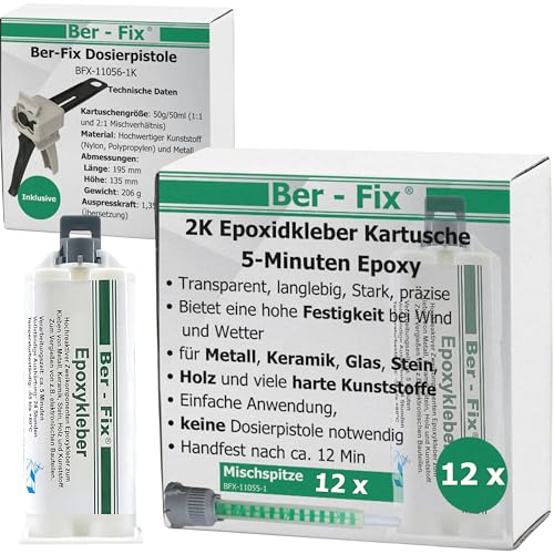 Ber-Fix 2k Kleber - Epoxidharz Kleber 30 Min echter Epoxy Kleber 2 Komponenten Kleber Kunststoff Metall Glas Stein Beton Holz 12x 50g Kartusche + Pistole von Ber-Fix