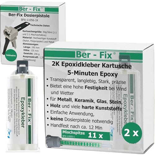 Ber-Fix 5 Min Epoxidharz Kleber EXPRESS 2x 50g Kartusche + Pistole + 10 Spitzen 2k Kleber echter Epoxy Kleber 2 Komponenten Kleber Kunststoff Metall Glas Stein Beton Holz von Ber-Fix