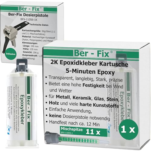 Ber-Fix 5 Min Epoxidharz Kleber EXPRESS 50g Kartusche + Pistole + 10 Spitzen 2k Kleber echter Epoxy Kleber 2 Komponenten Kleber Kunststoff Metall Glas Stein Beton Holz von Ber-Fix