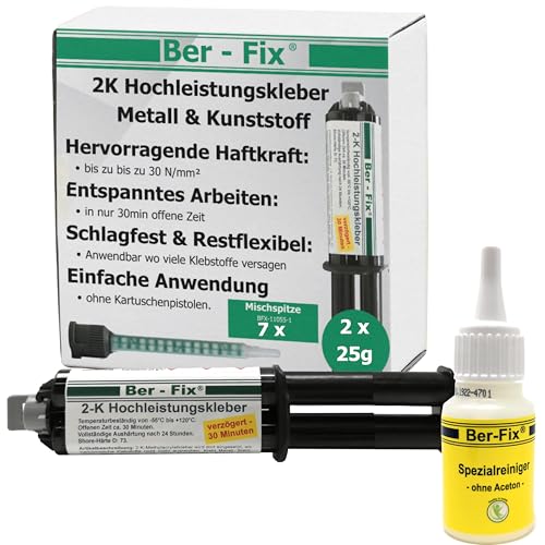 Ber-Fix 2K Hochleistungskleber - 2x25g für Metall, Kunststoff, Stahl, PVC, GfK, Holz, Epoxidharz, Schlagfest, 30 Min Langsamhärtend - Inkl. Statikmischer, Reinige von Ber-Fix