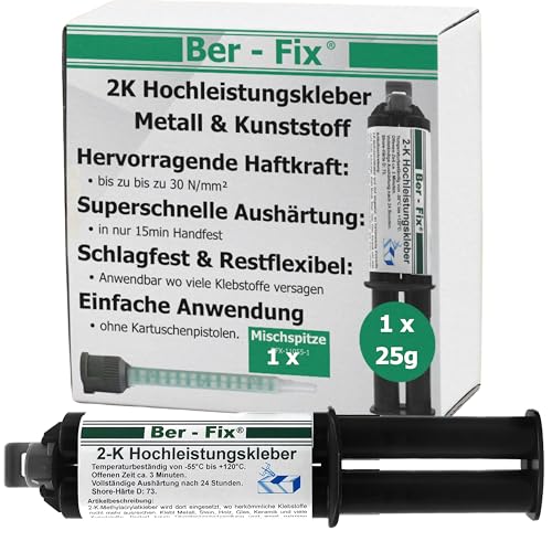 Ber-Fix 25g 2K Hochleistungskleber EXPRESS 3 Min 2K Kleber Kunststoff Metallkleber Extra Stark + 1 Spitze Metall Pvc GfK Holz Epoxid Harz frei auch als Kunststoff Spachtelmasse von Ber-Fix