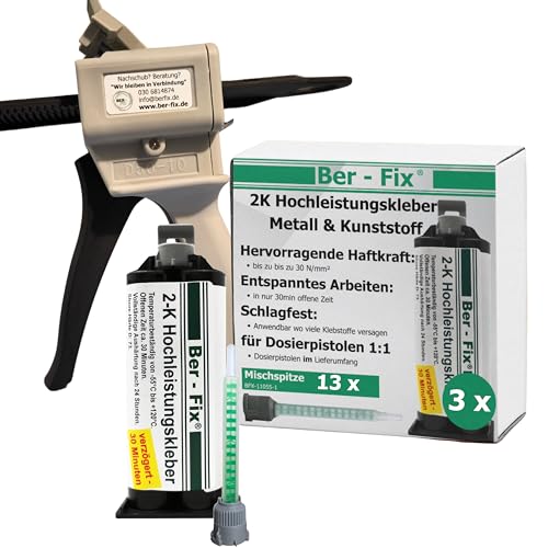 Ber-Fix 2K Hochleistungskleber 30 Min 2K Kleber Kunststoff 2K Metallkleber Extra Stark 3x 50g für Kartuschenpresse + Pistole + 10 Spitzen von Ber-Fix