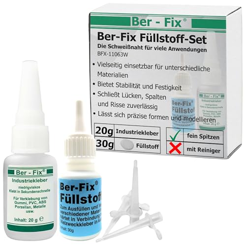 Ber-Fix Füllstoff Set M Schweißnaht Kleber aus Berlin aus 20g Industriekleber und 30g Granulat 2k Kleber extra stark Metall Kunststoff PVC ABS PLA + Reiniger + 3 Spitzen von Ber-Fix