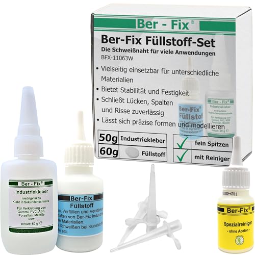 Ber-Fix Füllstoff Set L Schweißnaht Kleber aus Berlin aus 50g Industriekleber und 60g Granulat 2k Kleber extra stark Metall Kunststoff PVC ABS PLA + 3 Spitzen + Spezialreiniger von Ber-Fix