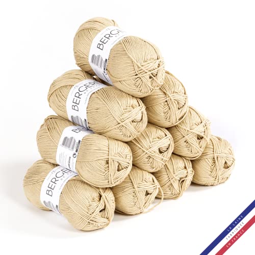 Bergère de France - 100% COTON BIO, Wolle set zum stricken und häkeln (10 x 50 g) 100% Bio-Baumwolle - 3 mm - Rundgarn für den Sommer - Beige (Sable) von Bergere de France