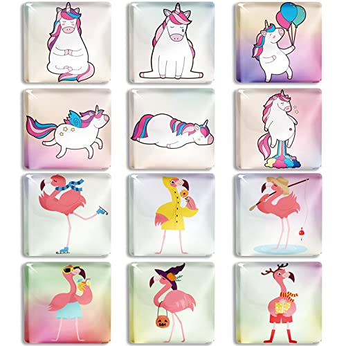 Berkin Arts 12er Set Kühlschrankmagnete Quadrat Dekorative Glascabochons Glasmagnete mit Kunst Muster Magnet Magic Unicorn und Flamingo Doodle Trendige rosafarbene Bunte für Kindermädchen Schließfach von Berkin Arts