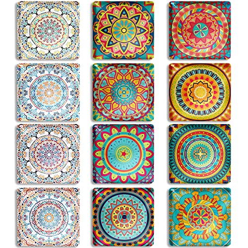 Berkin Arts 12er Set Kühlschrankmagnete Quadrat Dekorative Glascabochons Glasmagnete mit Kunst Muster Magnet Weben Sie Blumen Muster Floral Mandala Design Gelb Rosa Blau Elemente für Küche von Berkin Arts