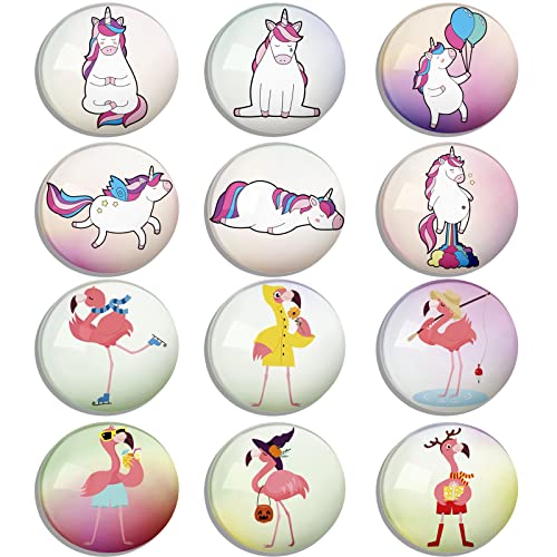 Berkin Arts 12er Set Kühlschrankmagnete Runden Dekorative Glascabochons Glasmagnete Magnet Magic Unicorn und Flamingo Doodle Trendige rosafarbene Bunte Illustration für Kindermädchen für Schließfach von Berkin Arts