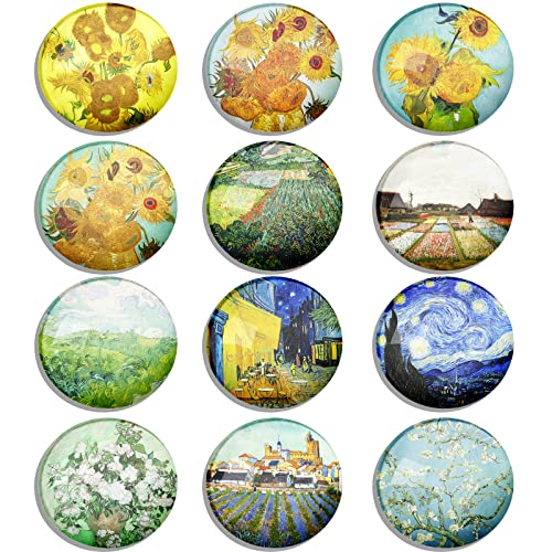 Berkin Arts 12er Set Kühlschrankmagnete Runden Dekorative Glascabochons Glasmagnete mit Kunst Muster Magnet Gelb Blau Teal Pflanze Sonnenblume Sternennacht für Zuhause Vincent Van Gogh Series von Berkin Arts