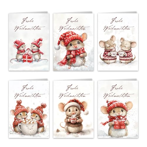 12er Set Weihnachts-Klappkarten mit selbstklebenden Umschlägen Niedliche Weihnachts-Mäuse – 6 bezaubernde Designs Hochwertige A6 Karten (Weihnachtsmäuse) von Berninja