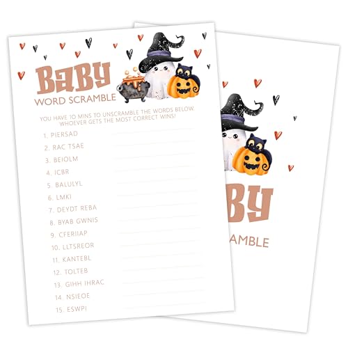 Beshoul Babyparty-Spiele, Halloween Baby Word Scramble, 25 doppelseitige Spielkarten + 1 Antwortkarte für Gender Reveal Party Dekorationen Supplies Ankündigung - B07 von Beshoul