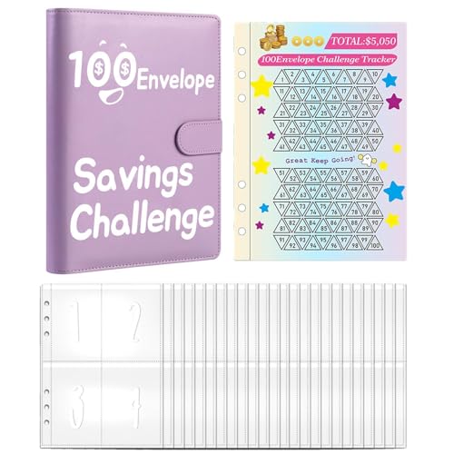 Besreey 100 Spar-Challenge-Ordner, 100 Umschläge Geld-Spar-Challenge | Sparherausforderungsbuch mit Umschlägen,Umschlag-Challenge-Ordner, Geldspar-Challenge-Buch für Bargeld von Besreey