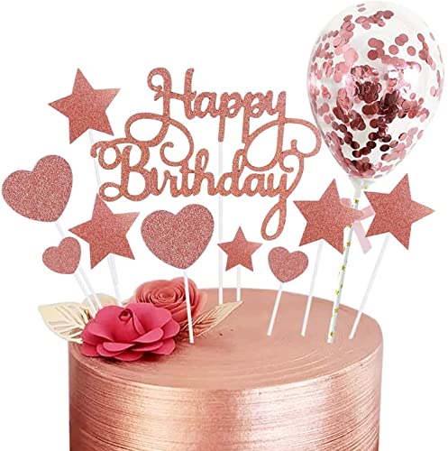 Bessy shop Kuchendeko, Happy Birthday Kuchendeko Tortendeko Geburstagstorte Glitter Kuchendeko Kuchendekoration Cake Cupcakes Topper mit Sternen Konfetti Ballon Liebe Roségold von Bessy shop