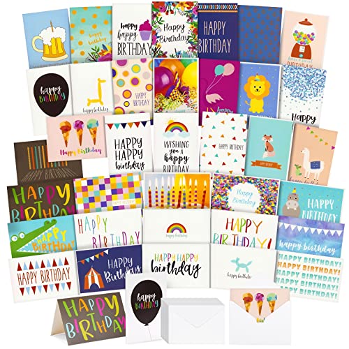 Grußkarten Happy Birthday von Best Paper Greetings (144 Stück) - Klappkarten mit Happy-Birthday-Aufschrift - 36 verschiedene Motive - Innen Blanko - Briefumschläge Inbegriffen - 10 cm x 15 cm von Best