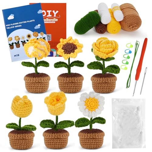 Bestcool Häkelset für Anfänger, Topfpflanze Häkeln Starter Blume Stricken Kit mit Garn Stichmarkern DIY Häkel Strickset mit Schritt-für-Schritt-Anleitungvideo für Erwachsene X-mas Geschenk (A) von Bestcool