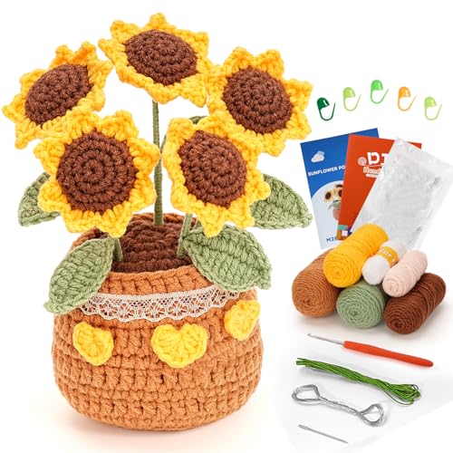 Bestcool Häkelset für Anfänger, Topfpflanze Häkeln Starter Blume Stricken Kit mit Garn Stichmarkern DIY Häkel Strickset mit Schritt-für-Schritt-Anleitungvideo für Erwachsene X-mas Geschenk (B) von Bestcool