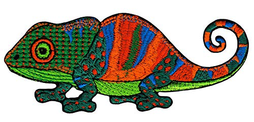 Chamäleon Grün Orange Blau Aufnäher Reptil Bügelbild Patch Größe 10,9 x 4,4 cm von Bestellmich / Aufnäher