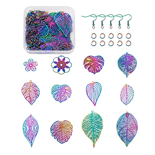 24 Stück Edelstahl filigrane Charms mit Biegeringe & Ohrringhaken Regenbogen Blume Monstera Blatt filigrane Verbindungsstücke Anhänger für Schmuckherstellung von Bestewelry