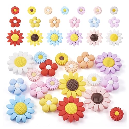 Bestewelry 19Pcs Blume Silikon Perlen Sonnenblume Focal Perlen Bunte Gänseblümchen 5-Petals Blume Gummi Perlen für Stifte Schlüsselanhänger Lanyards Armband Halskette Schmuck Herstellung von Bestewelry