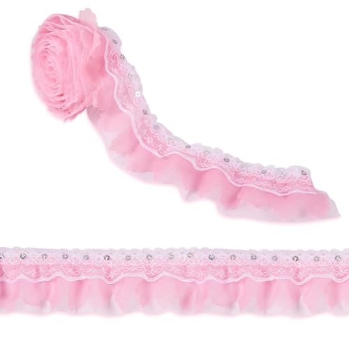 Bestewelry 2-lagiges Chiffon-Spitzenband, rosa, plissiert, 5,1 cm, gerüschtes Tüllstoffband für DIY, Stoff, Nähen, Basteln, Hochzeitsverzierung, ca. 2 m von Bestewelry