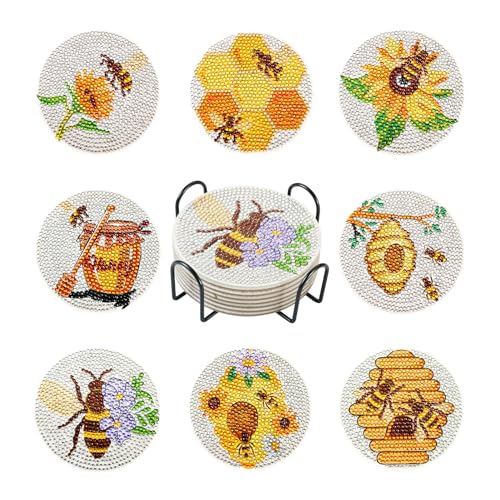 Bestewelry 8pcs Bee Theme Diamond Painting Coasters Kits with Holder Honeybee Diamond Art Coasters Cup Mat for Adults Beginners DIY Crafts Home Decor von Bestewelry