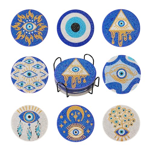 Bestewelry 8pcs Diamond Painting Coasters Kits with Holder Evil Eye Pattern Diamond Art Coasters Cup Mat for Adults Beginners DIY Crafts Home Decor von Bestewelry