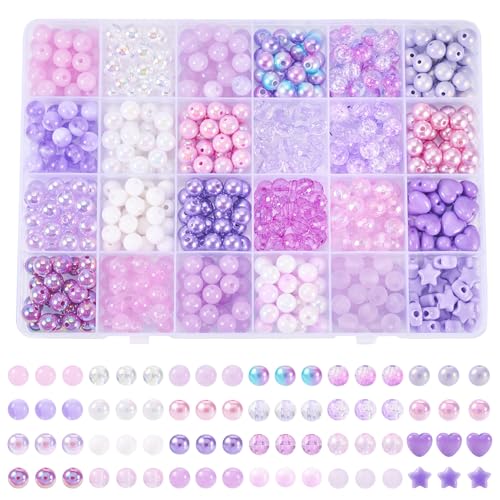 Bestewelry Acrylperlen zur Herstellung von Armbändern, 8 mm, 24 Stile, violettes Thema, undurchsichtiges Acrylperlen-Set, sortiert, bunte runde Kunststoffperlen für Anfänger, Halsketten, von Bestewelry