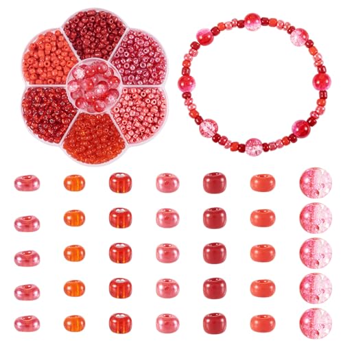 Bestewelry Glasperlen, Freundschaftsarmband-Set, 7 Stile, 4 mm, Pony-Perlen für Armbandherstellung, Bastelperlen-Set mit 8 mm Craquelé-Glasperlen für DIY-Halsketten, Basteln, Schmuckherstellung, Rot von Bestewelry