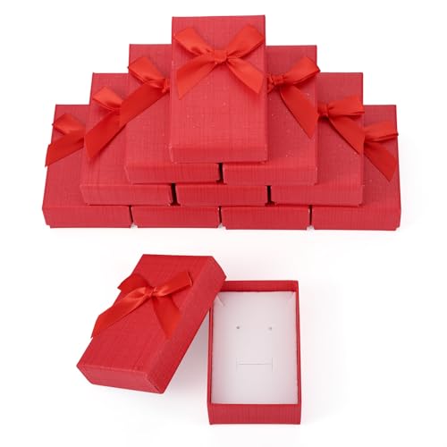 Bestewelry Rechteckige Schmuckkarton-Schachteln, 8,3 x 5,3 x 2,4 cm, kleine Verpackungsboxen mit Schleife für Hochzeit, Ohrringe, Halsketten, Armbänder, Schmuckverpackung, Rot, 12 Stück von Bestewelry