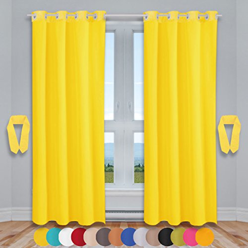 Bestlivings Dekoschal Ösen Ellen 2er Pack inkl. Raffhalter & Raffhaken, Auswahl: Größe 140 x 225 cm, Farbe: gelb - Sonnengelb von Bestlivings