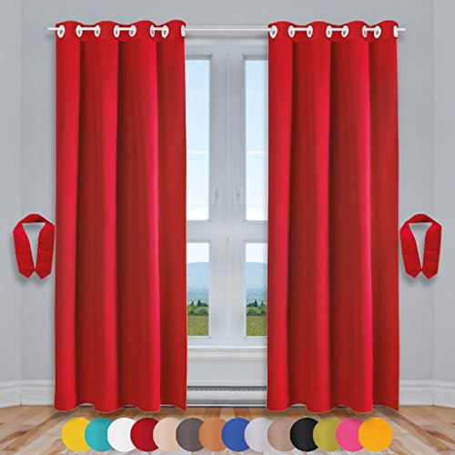 Bestlivings Dekoschal Ösen Ellen 2er Pack inkl. Raffhalter & Raffhaken, Auswahl: Größe 140 x 225 cm, Farbe: rot - Karminrot von Bestlivings