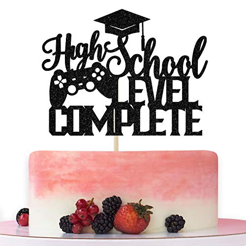 High School Level Complete Cake Topper, Congrats High School Cake Decor, Video Game themed Cake Decoration, Class of 2021 High School Graduation Party Decoration Supplies Black Glitter von Betalala