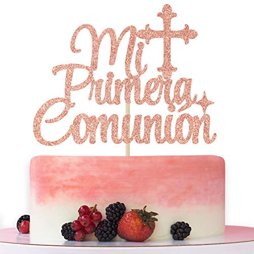 Mi Primera Comunión Tortenaufsatz - Erstkommunion Kuchendekoration, Gott segnet dieses Kind, Babyparty, Hochzeit, Taufe, Partydekorationen, Roségold-Glitzer. von Betalala