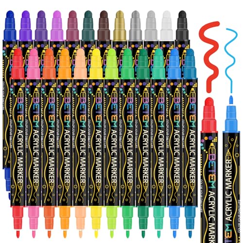 Betem 24 Farben Doppelspitze Acrylfarbe Stifte Marker, Premium Acrylfarbe Stifte für Holz, Leinwand, Stein, Steinmalerei, Glas, Keramikoberflächen, DIY Handwerk Kunstbedarf von Betem