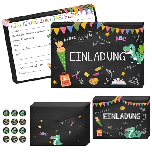 Betensh 12×Einladung Einschulung Junge Mädchen, 15×10CM Dino Einschulung Einladungskarten mit Umschlägen, Einladung Schulanfang Junge für Kinder zum Schulbeginn Einschulungsparty von Betensh