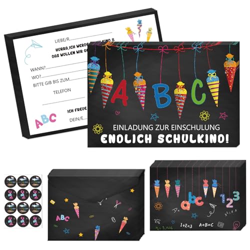 Betensh 12×Einladung Einschulung Junge Mädchen, 15×10CM Kinder Einschulung Einladungskarten mit Umschlag, Einladung Schulanfang Kinder für Kinder zum Schulbeginn Einschulungsparty von Betensh