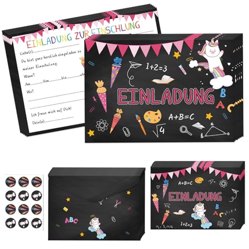 Betensh 12×Einladung Einschulung Mädchen Junge, 15×10CM Einhorn Einschulung Einladungskarten mit Umschlägen, Einladung Schulanfang Mädchen für Kinder zum Schulanfang Einschulungsparty von Betensh