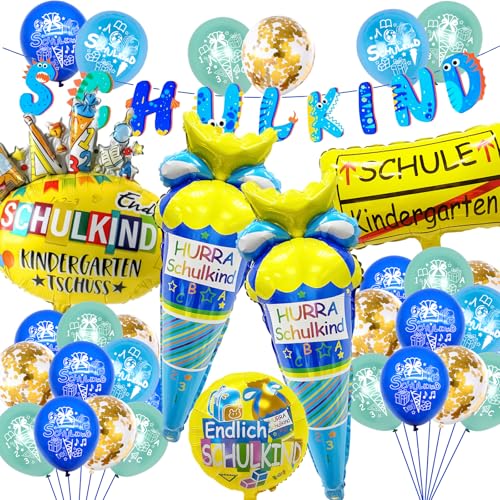 Betensh Deko Einschulung Junge , Schulkind 2024 Junge , Dinosaurier Girlande+2024 Blau Zuckertüten Folienballon+28 Luftballon+Einschulung Schulanfang Deko von Betensh