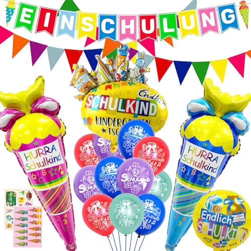 Betensh Einschulung Deko Jungen Mädchen, Schulkind 2024 Deko Einschulung , Schulanfang Girlande+2024 Zuckertüten Folienballon+123 ABC Einschulung Luftballon+Schulanfang Thema Aufkleber von Betensh