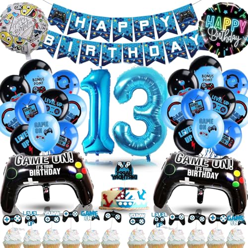 Betensh Geburtstagsdeko 13 Jahre Junge, Deko 13 Geburtstag Junge, Luftballon 13. Geburtstag Junge mit Videospiel Tortendeko, Deko Kindergeburtstag Ballons Blau für Gamer Deko Party Deko Geburtstag von Betensh